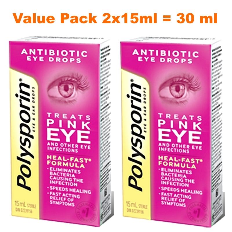 2x Polysporin Antibiotic Eye Drops Treats Pink Eye Heal-Fast Formula 15ml