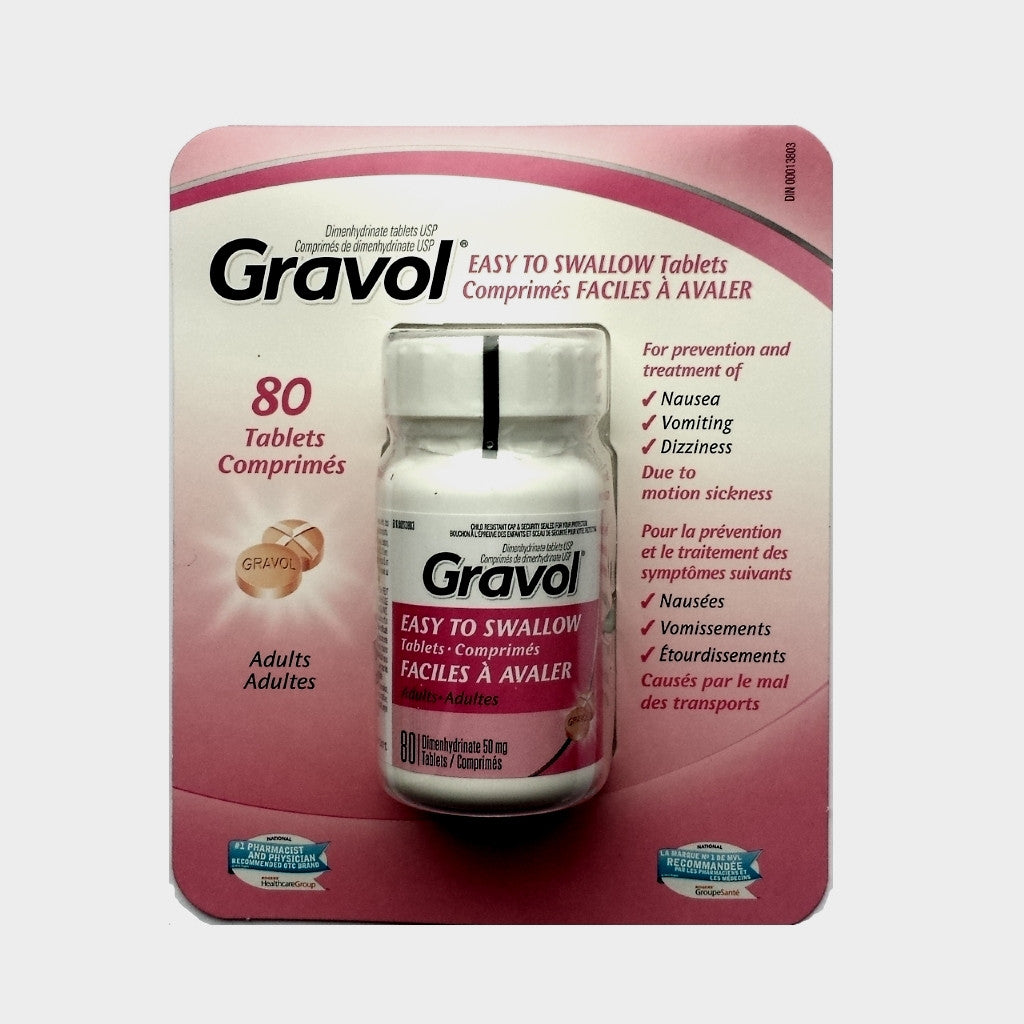 Gravol Easy to Swallow Tablets. 80 Tablets 50 Mg. For Nausea Vomiting Dizziness